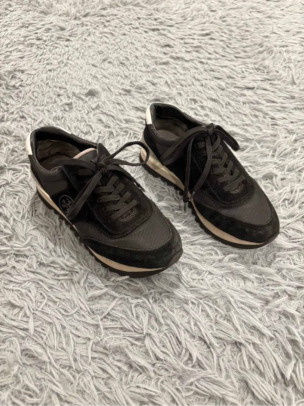 Tory Burch Sneakers Women’s 6.5 M Sawtooth Suede Canvas Black Grey Logo Trainers
